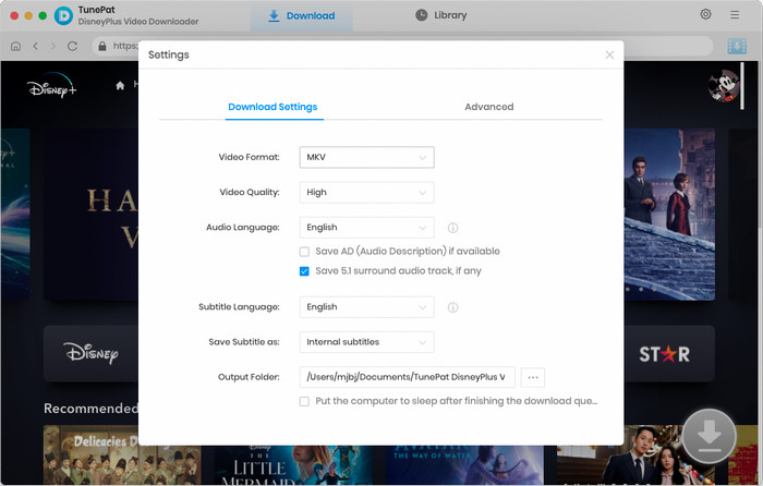 Choose output settings for Disney+ videos