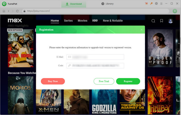 register TunePat HBOMax Video Downloader Windows