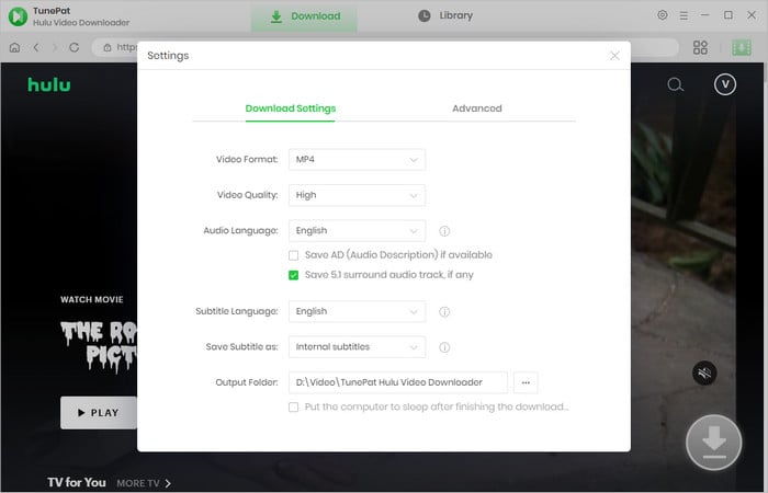 choose the output settings for Hulu videos