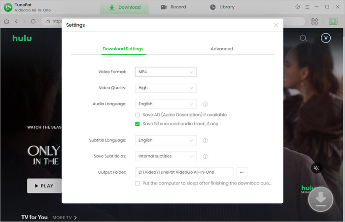 choose download settings for movie